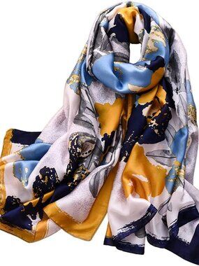 Women's Orange Lightweight Silk Like Scarves Flower Print Head Cotton Wrap Scarf